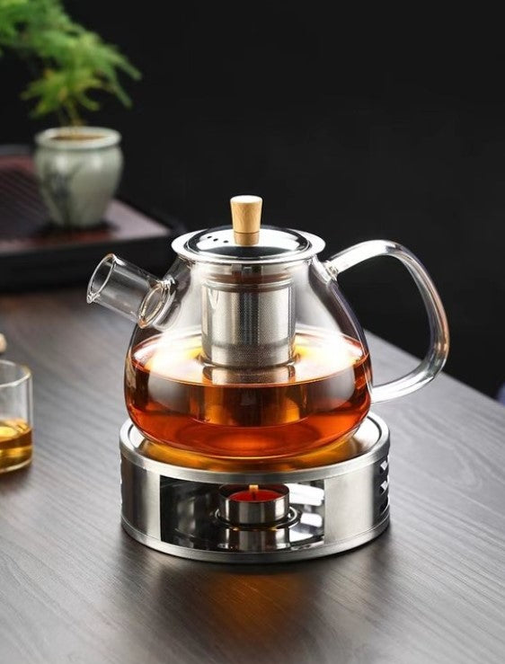 glazen theepot 1.5 liter met filter en theelicht warmhouder - rvs zeef