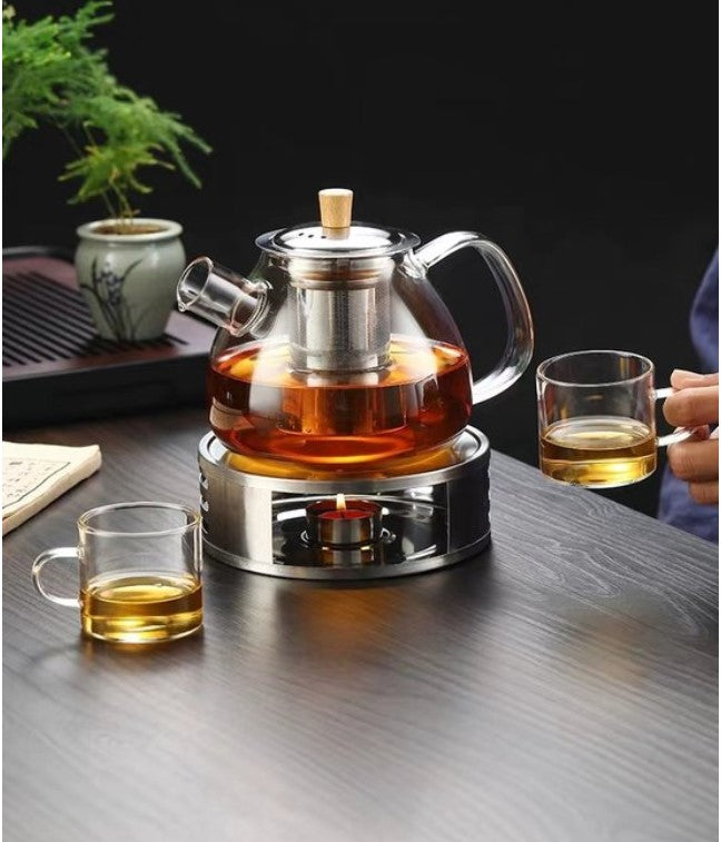 glazen theepot 1.5 liter met filter en theelicht warmhouder - rvs zeef