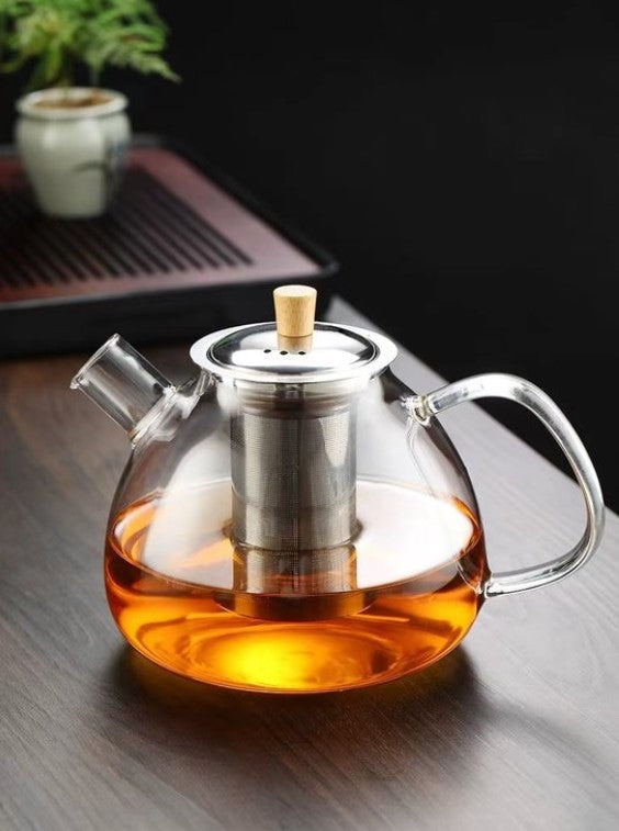glazen theepot 1.5 liter met filter en theelicht warmhouder - rvs zeef