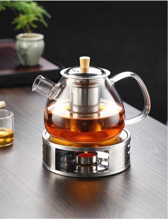 glazen theepot 1.5 liter met filter en theelicht warmhouder - rvs zeef