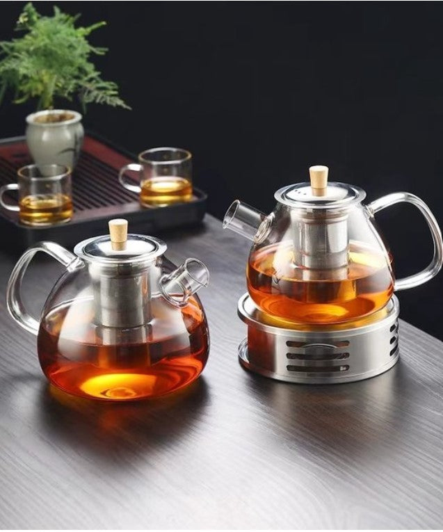glazen theepot 1.5 liter met filter en theelicht warmhouder - rvs zeef