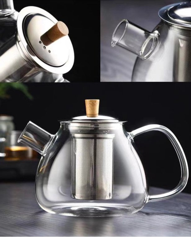 glazen theepot 1.5 liter met filter en theelicht warmhouder - rvs zeef