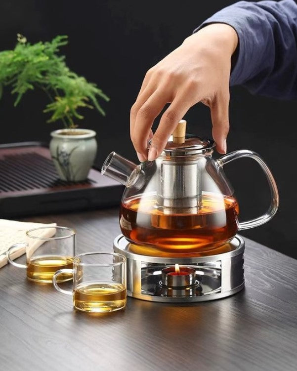 glazen theepot 1.5 liter met filter en theelicht warmhouder - rvs zeef