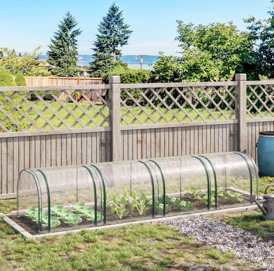 Horizontale mini tuinkas 295x100x80cm met PVC afdekking en groen stalen frame in tuin"
"Mini tuinkas met 3 oprolbare ramen met ritssluiting voor ventilatie