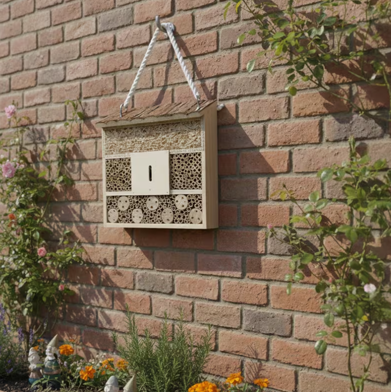 Insectenhotel voorkant met bamboe en hout nestgaten