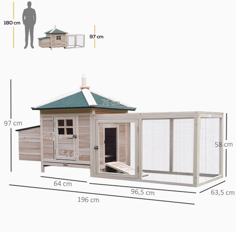 Kippenhok met nestbox en zitstokken van dennenhout