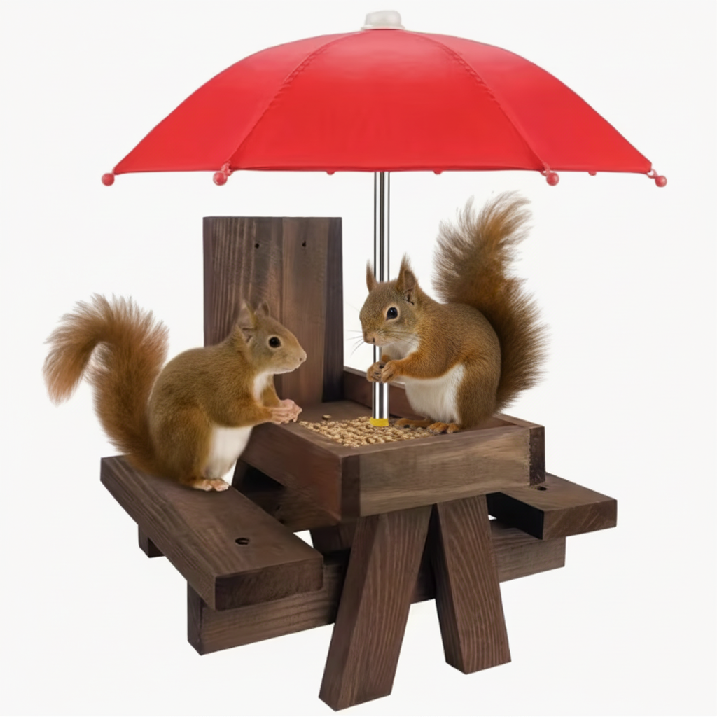 Eekhoorn Picknicktafel Voeder met Parasol – Houten Maïskolf & Notenvoederen voor in de Tuin