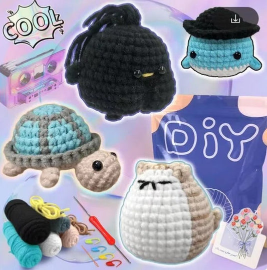 haken voor beginners - haakpakket schattige kat + schildpad + kuiken + walwis - haken voor starters - starterspakket haken