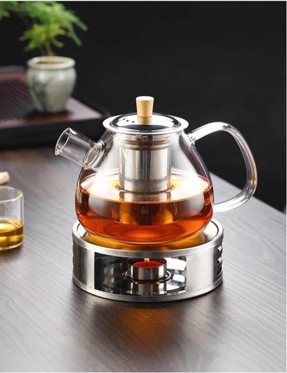 glazen theepot 1.5 liter met filter en theelicht warmhouder - rvs zeef