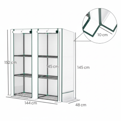 Dubbele Tuinkas 3 Niveaus – 144×48×152 cm – UV-bestendige PE Hoes 140g/m² – Roll-up Deur – Draagbaar Plantenparadijs voor Beginners