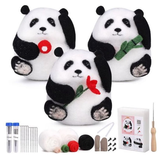 naaldvilten voor beginners - naaldvilt pakket drie lieve panda's - naaldvilten voor starters - starterspakket naaldvilten - naaldvilten voor liefhebbers