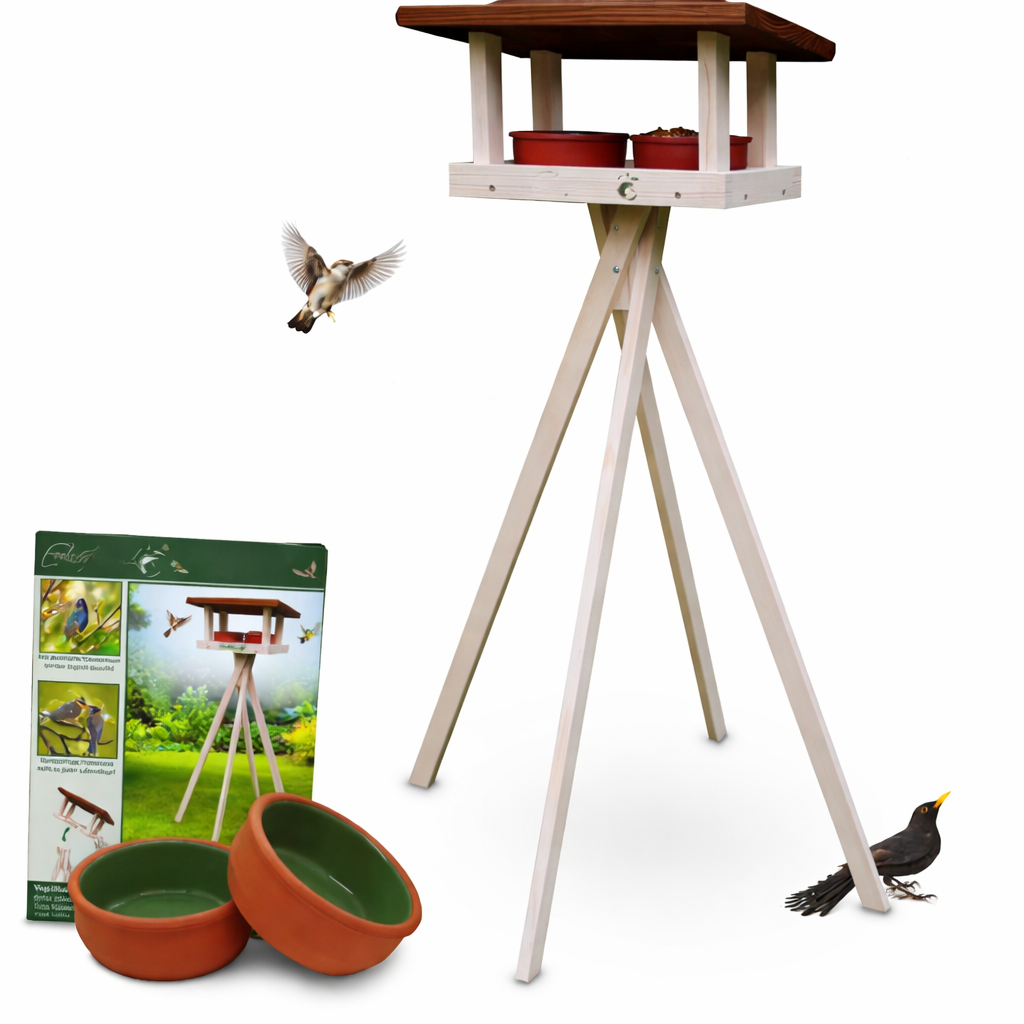 Houten vogelhuis met standaard 120 cm inclusief voer- en waterbak