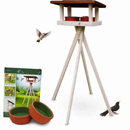 Houten vogelhuis met standaard 120 cm inclusief voer- en waterbak