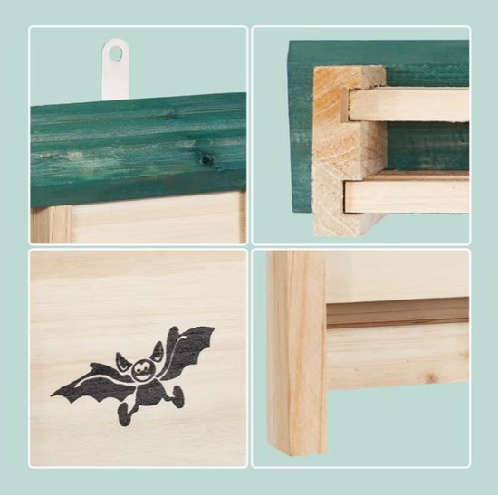Set van 4 Vleermuiskasten van Hout – Vleermuishuis / Nestkast met Invliegopening – Voor Tuin en Gevel – 25 cm