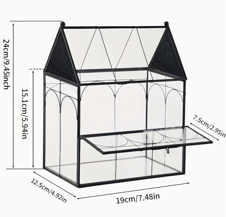 Terrarium zijaanzicht met ventilatie voor mieren en slakken