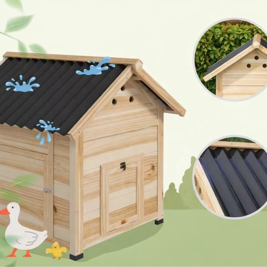 Eendenhuis van Grenenhout voor Buiten – Met Schuin Waterdicht Dak, Ventilatie en Uitneembare Bodem – Geschikt voor 3 Eenden – 78 x 90 x 92 cm