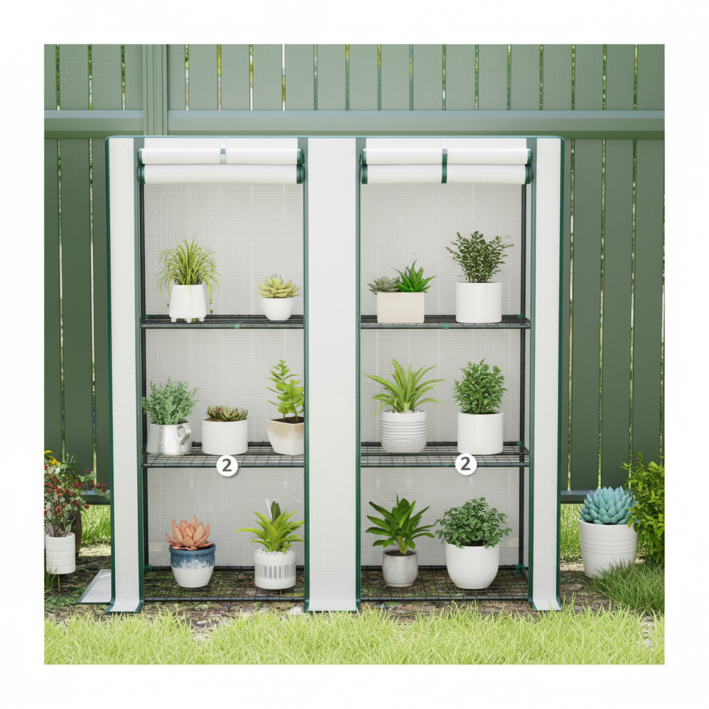 Dubbele Tuinkas 3 Niveaus – 144×48×152 cm – UV-bestendige PE Hoes 140g/m² – Roll-up Deur – Draagbaar Plantenparadijs voor Beginners