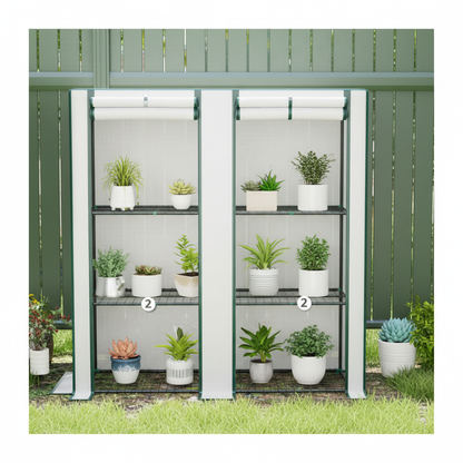 Dubbele Tuinkas 3 Niveaus – 144×48×152 cm – UV-bestendige PE Hoes 140g/m² – Roll-up Deur – Draagbaar Plantenparadijs voor Beginners