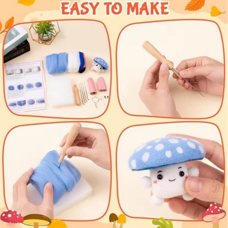 naaldvilten voor beginners - naaldvilt pakket lieve paddenstoeltjes - naaldvilten voor starters - starterspakket naaldvilten - naaldvilten voor liefhebbers