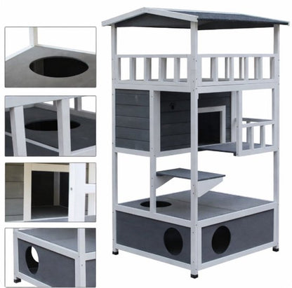 Houten kattenhuis zijaanzicht met toegang per etage