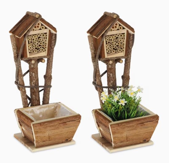 Set van 2 Insectenhotels met Bloembak – Bijenhotel van Hout met Bamboe Nestbuisjes – Voor Tuin en Balkon – 46 cm hoogte