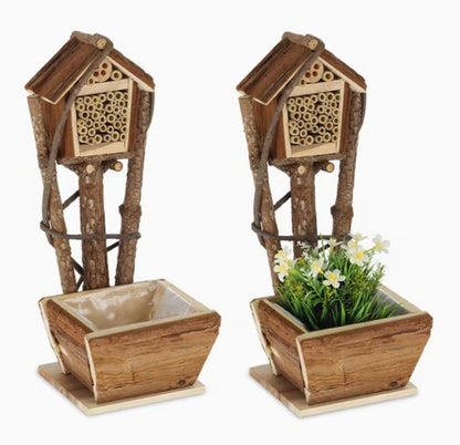 Set van 2 Insectenhotels met Bloembak – Bijenhotel van Hout met Bamboe Nestbuisjes – Voor Tuin en Balkon – 46 cm hoogte