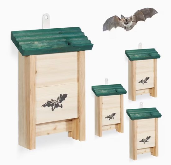 Set van 4 Vleermuiskasten van Hout – Vleermuishuis / Nestkast met Invliegopening – Voor Tuin en Gevel – 25 cm