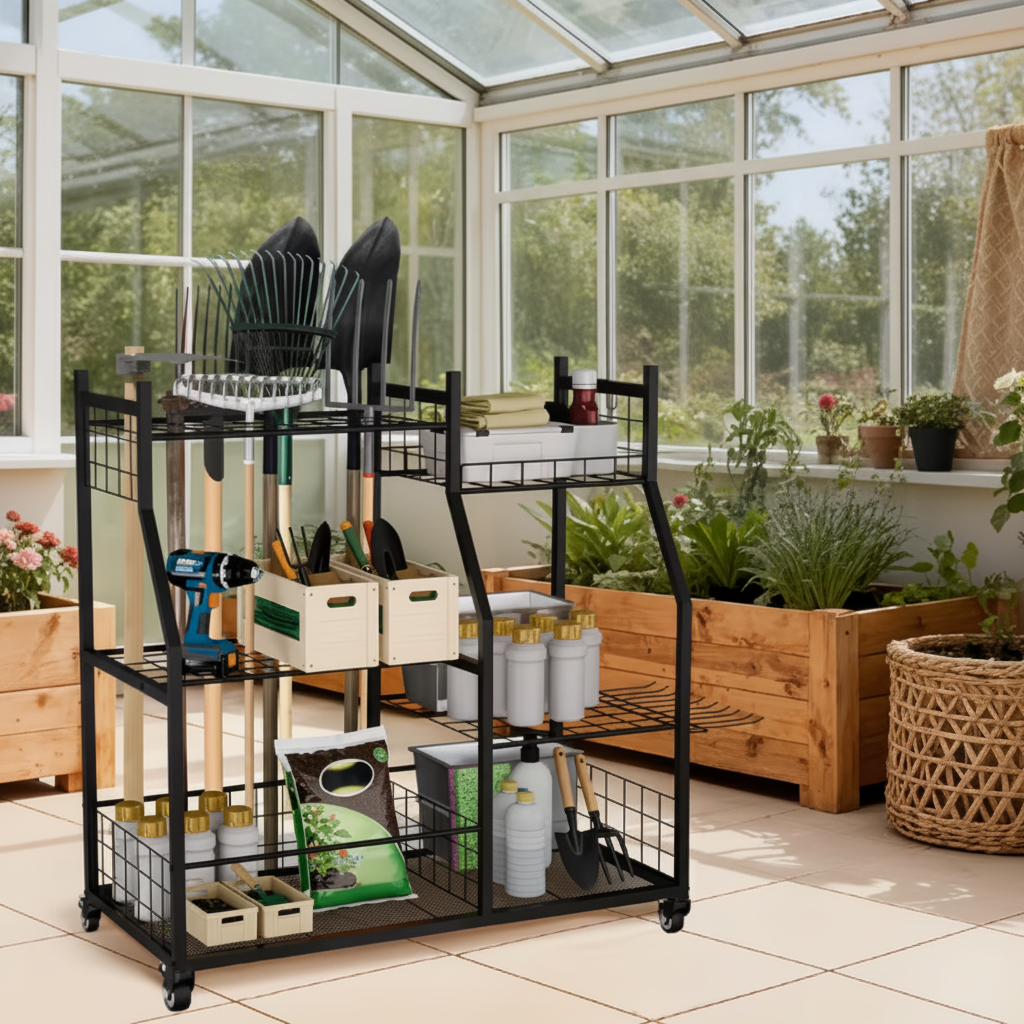 Garden tool rack in garage