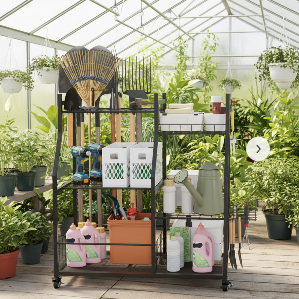 Garden tool rack in greenhouse
