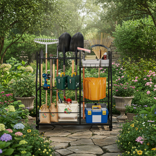 Garden tool rack in lush garden