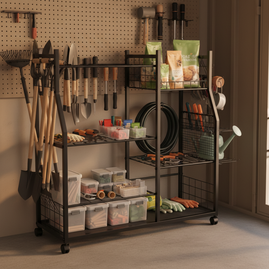Garden tool rack in workshop shed
