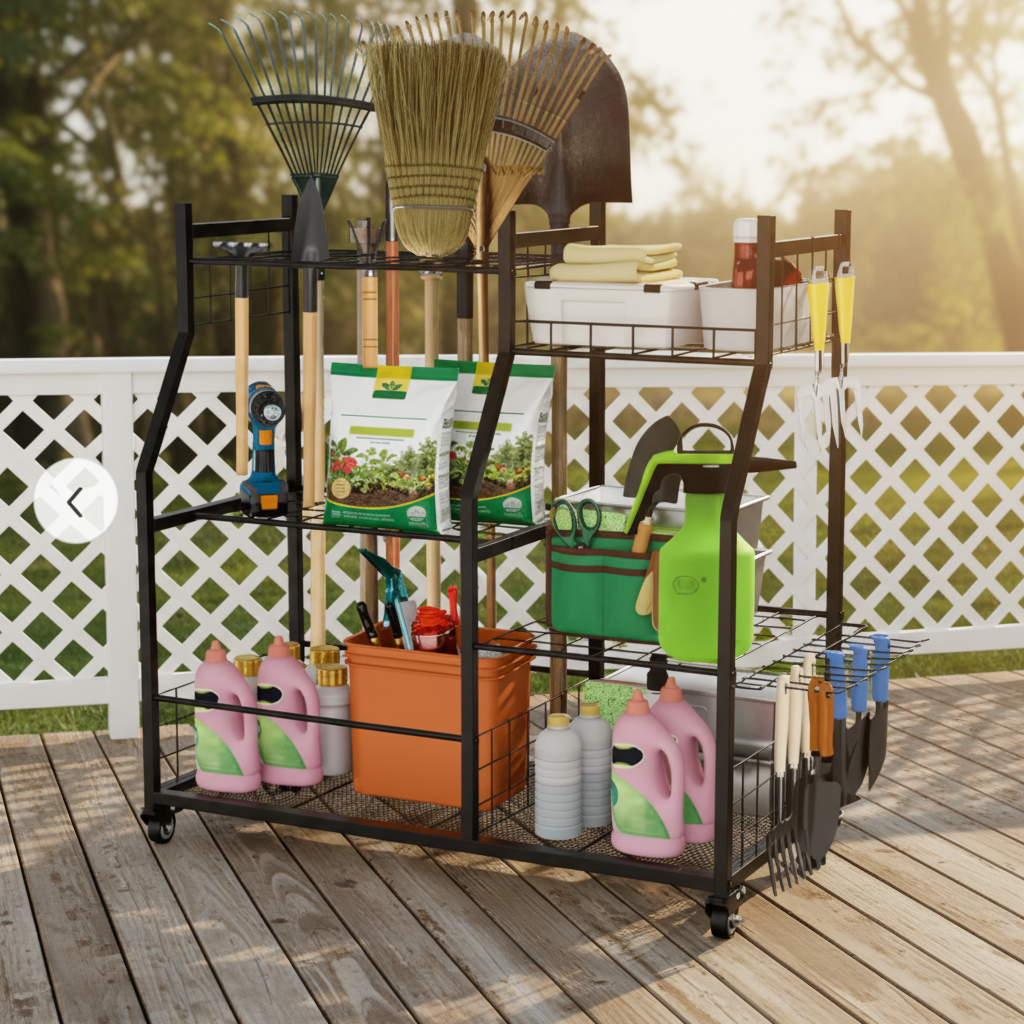 Garden tool rack on wooden deck