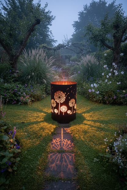 Paardenbloem vuurkorf in tuin bij avondlicht