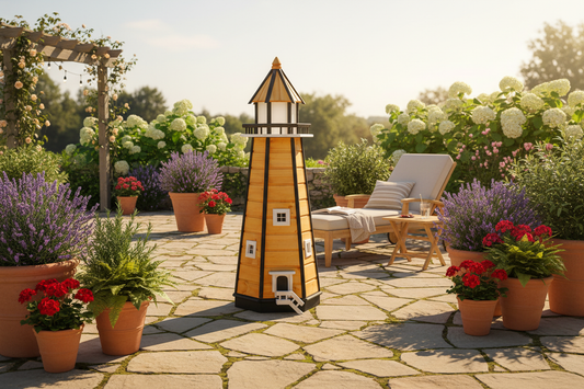 Vuurtoren op stenen terras omringd door planten