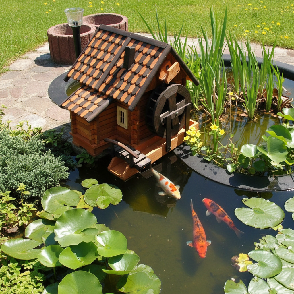 Houten watermolen bij vijver met koi van bovenaf