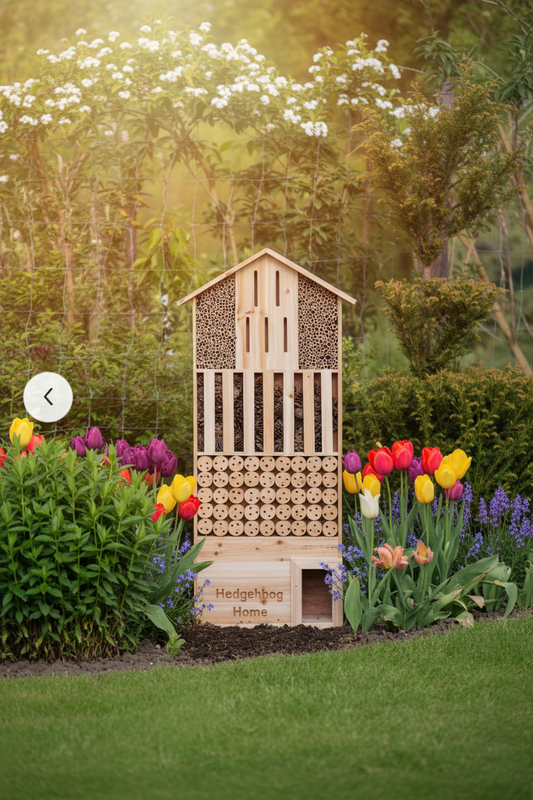 Insectenhotel in de tuin tussen bloemen