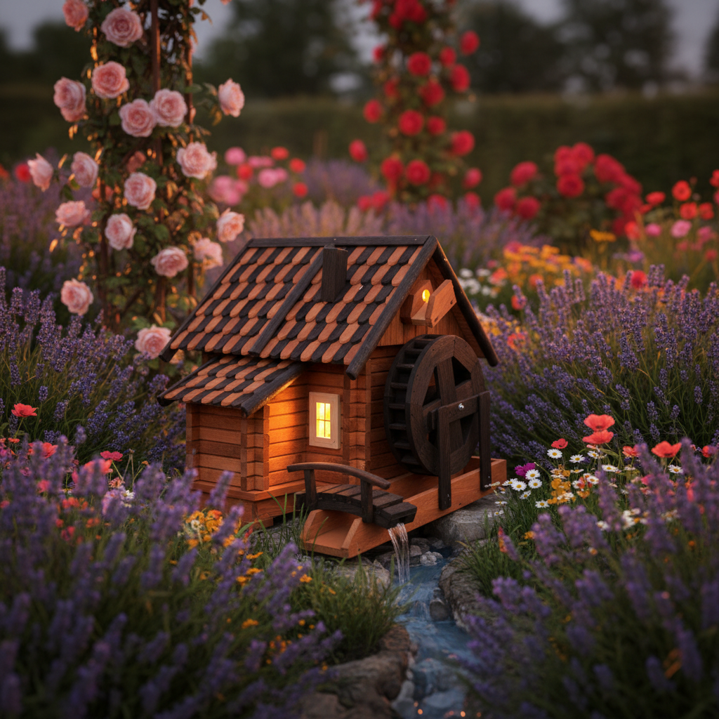 Houten watermolen in romantische cottage tuin