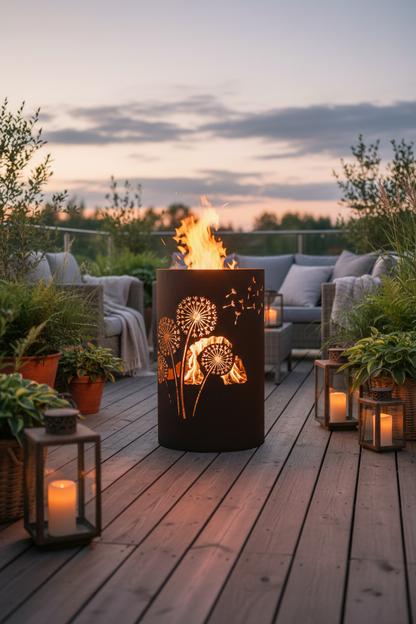 Vuurkorf op houten terras met planten