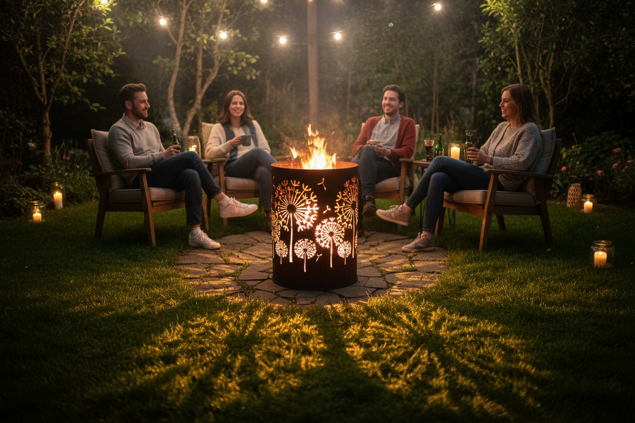 Vuurkorf met gezelschap in de tuin bij avond