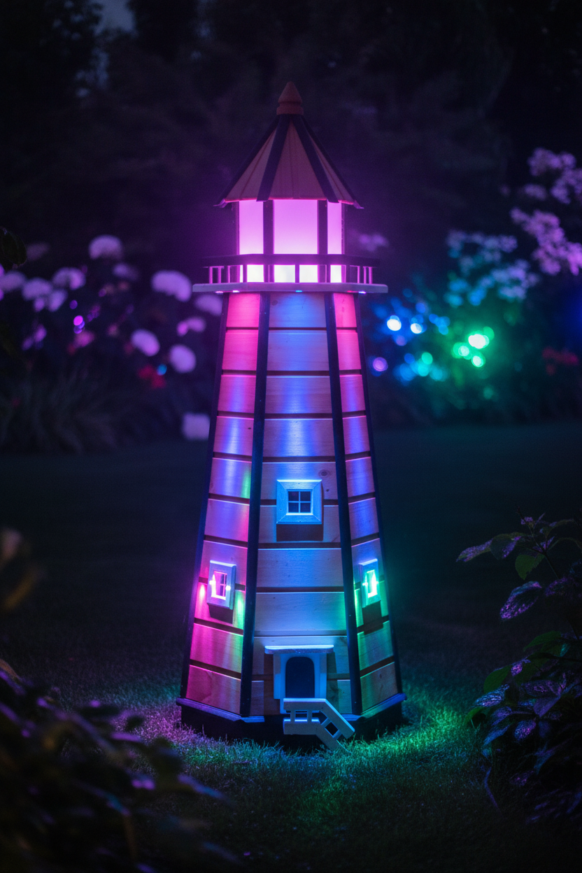 Vuurtoren 's nachts met kleurrijke LED-verlichting