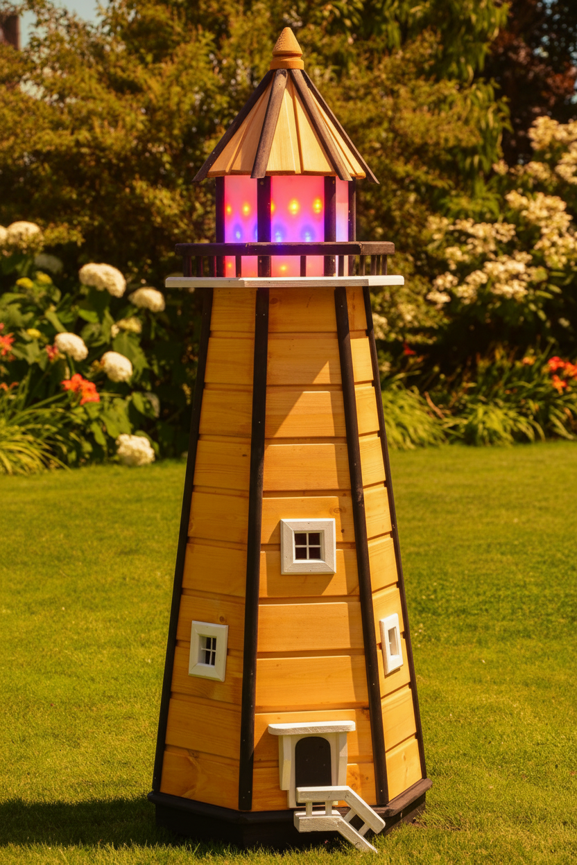 Vuurtoren met LED-verlichting in tuin bij gouden uur